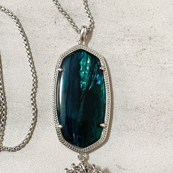 Kendra Scott Rayne Teal Tiger's Eye Silver Tone Tassel Pendant Necklace 30" - Picture 2 of 9